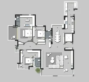 A modern apartment layout featuring tiled flooring.