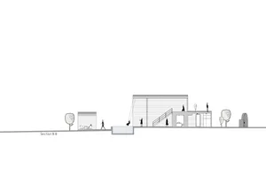 An architectural section drawing of a modern interior space with brick walls