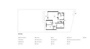 Schematic layout of an architectural space with numbered rooms and sections.
