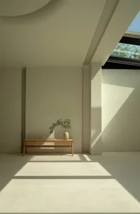 A minimalist interior space with concrete walls and floor, featuring a wooden bench adorned with a plant and a vase.