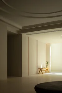 Minimalist living room with natural wood furniture and a sunlit corner.