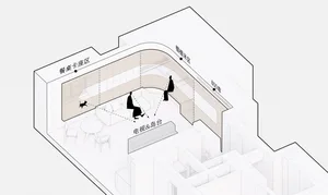 A modern architectural interior design plan with white background, showcasing a clean and minimalist style.