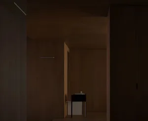 Modern minimalist interior with wooden walls and floor, featuring contemporary lighting and blinds.