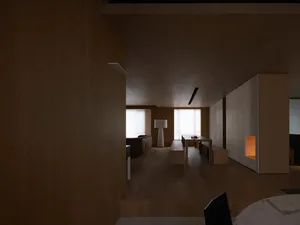 Modern minimalist living room with wooden ceiling, floor, and furniture, featuring a sleek white lamp and a warm, inviting fi
