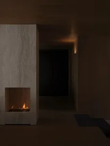 Minimalist living room with wooden walls and a fireplace.