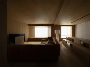 Modern interior design featuring a living room with wooden walls and floors.