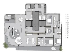 A detailed 2D architectural drawing of a modern residential interior, showcasing contemporary layouts, open spaces, and sophi