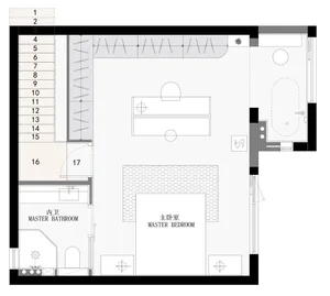 An architectural floor plan of a modern bedroom showing furniture placement, dimensions, and spatial composition.
