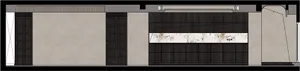 High-angle view of an interior space featuring blackwood cabinets and marble countertops.