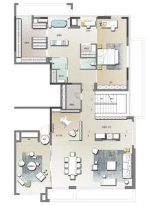 Floor plan of a modern family home showcasing various living spaces and functional zones.