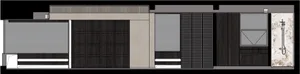 Modern interior design featuring wood cabinets, tiled flooring, and glass walls.