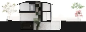 A modern architectural floor plan featuring a glass window, showing the interior layout and design elements.