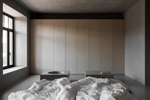 A minimalist bedroom featuring concrete walls and furniture.