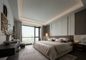 Modern bedroom interior featuring neutral-colored textiles, a large window, and a minimalist design with a cityscape view.