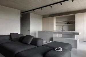 A modern minimalist living room featuring a dark grey sofa with cushions, a concrete kitchenette with a bar counter, and conc