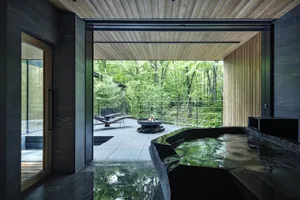 A modern, minimalist spa interior with glass walls and a concrete spa hot tub overlooking a woodsy forest.