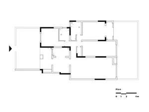 A black and white architectural plan depicting a modern interior design layout.
