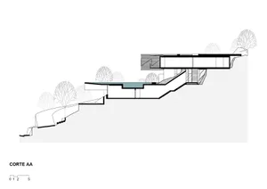 An architectural drawing of a modern hillside residence featuring steel, concrete, and glass materials.