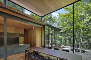 Minimalist residential interior with wood elements and floor-to-ceiling windows.