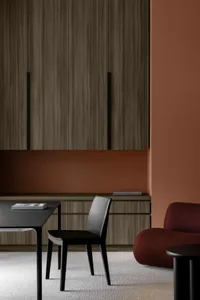 Modern living room interior design featuring a contemporary leather seating area, minimalist table, and warm wooden tones.
