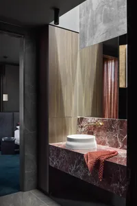 Modern minimalist bathroom featuring a white sink basin with a gold faucet, set against red marble and surrounded by sleek, d