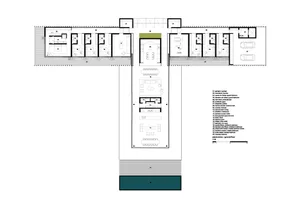 Floor plan of a modern house showing architectural layout and room design details.