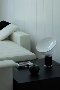 A modern interior design featuring a white leather sofa with black throw pillows, accompanied by a black and white table lamp