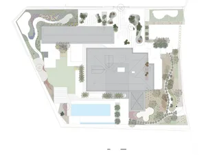 A detailed 2D architectural drawing depicting a modern residential landscape design with various greenery elements.