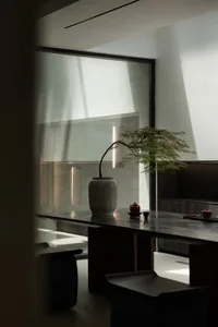 A minimalist interior space featuring a wooden table with a vase and tree, illuminated by natural light coming through a larg