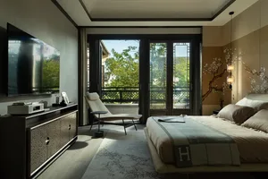 Modern bedroom featuring contemporary furniture and design elements.