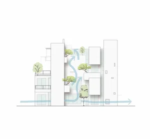 Modern interior design rendered in white, showcasing the layout and spatial composition of a contemporary living space.
