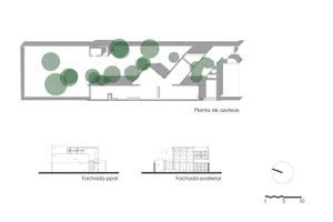 Floor plan of a roof garden featuring greenery and architectural elements.