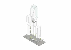 A rendered architectural space with white structures and green trees.