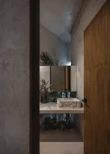 A minimalist bathroom featuring a stone sink, wooden door, and concrete walls.