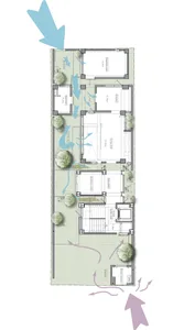 A minimalist architectural floor plan with rooms labeled and windows and doors indicated.