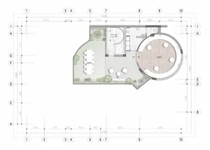 Architectural blueprint of a conference room with a drop-shaped meeting space.