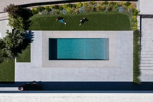 Modern residential home featuring a concrete swimming pool surrounded by greenery and grass.