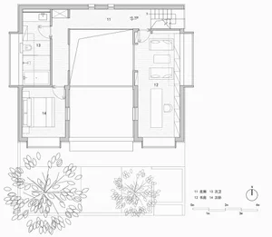 Floor plan of a minimalist residential house with wooden materials.