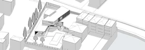 Detailed architectural floor plan of a modern house featuring concrete, glass, and metal materials.