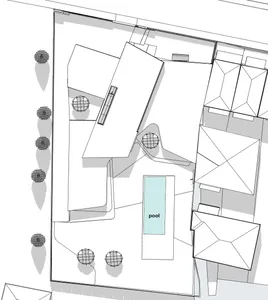 A modern landscape design rendered in mixed media, featuring a pool and surrounding planters.