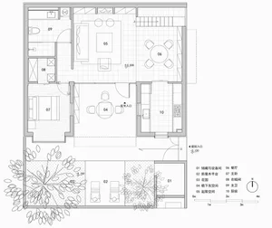 2D technical drawing of an interior residential layout with modern design elements.
