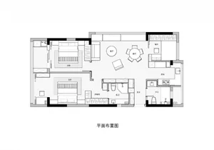 A detailed floor plan of a modern house showing living room, dining room, kitchen, bedrooms, and bathrooms