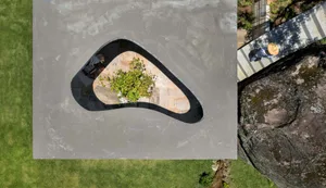 An overhead view of a modern architectural concrete pavilion design.
