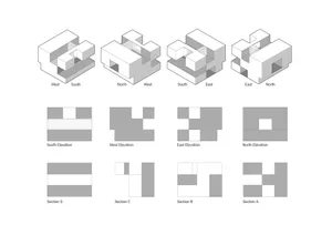 A set of architectural drawings depicting different perspectives of a building's structure and layout.