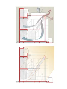 Modern living space featuring glass panels and open layout.