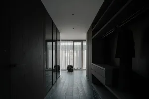 Minimalist closet with wooden floor and shelves.