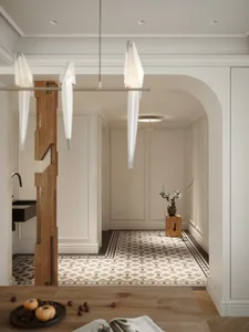 Modern minimalist living room featuring a wooden tile floor, white walls, and pendant lighting.