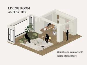 A modern living room and study setup with neutral-colored hardwood flooring, minimalist furniture, and a simple, comfortable 