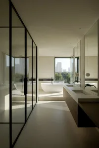Spacious and elegant modern residential accommodation featuring glass and marble materials.