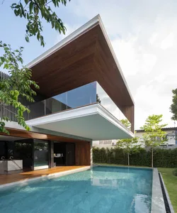 Modern house with glass, wood, and concrete materials